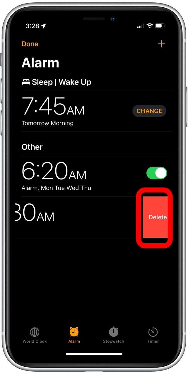 delete alarm with swiping gesture