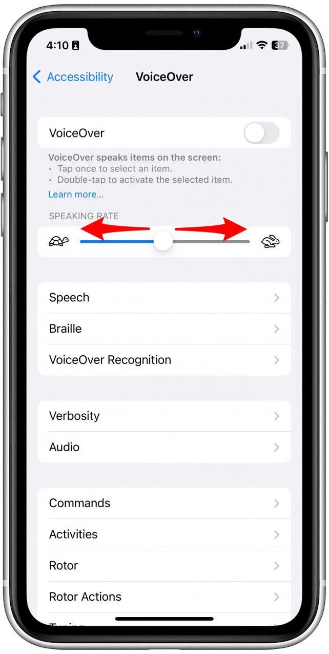 You may want to adjust the speaking rate to speak a bit slower or faster depending on your preferences by sliding the bar under Speaking Rate. If you slide it closer to the bunny, Siri will speak faster. If you slide it closer to the turtle, Siri will speak slower.