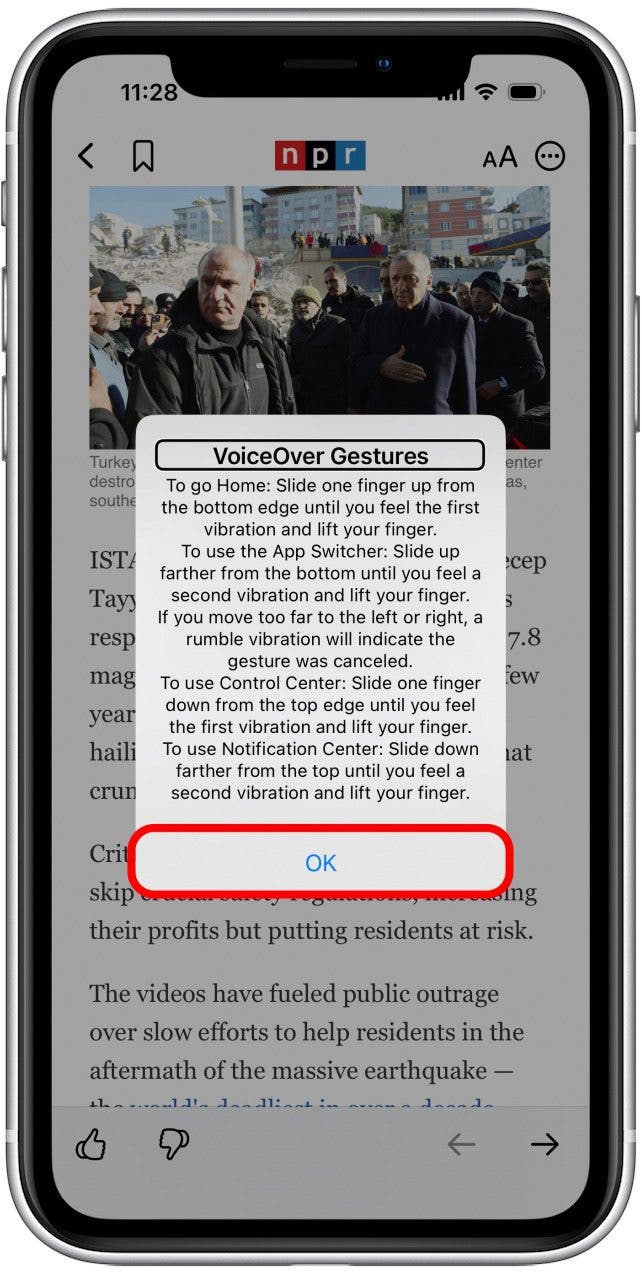 You will be prompted by an instructional screen informing you how to use VoiceControl, which is admittedly, a tricky feature. Read through this note carefully. Then, double tap OK.