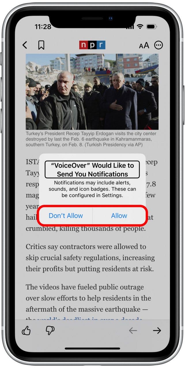 Next, you will be asked if you'd like VoiceOver to send you notifications. Choosing either way will not effect your ability to perform this tip. Double tap either Don't Allow or Allow.