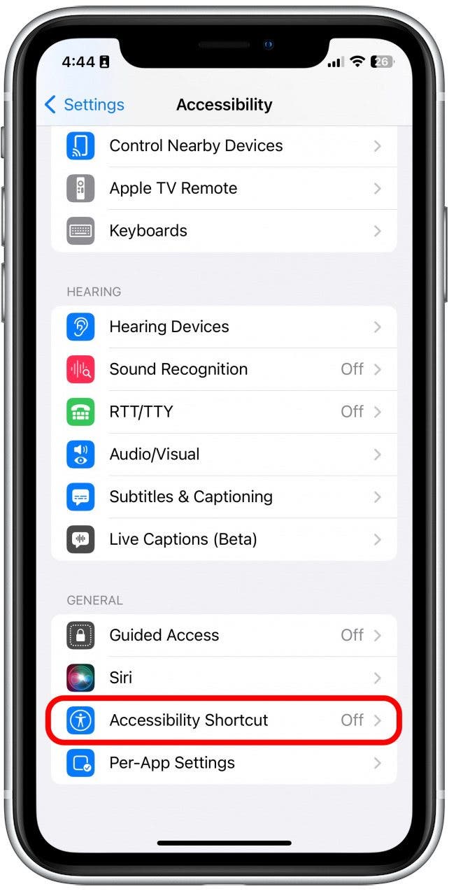 Scroll down and tap Accessibility Shortcut.