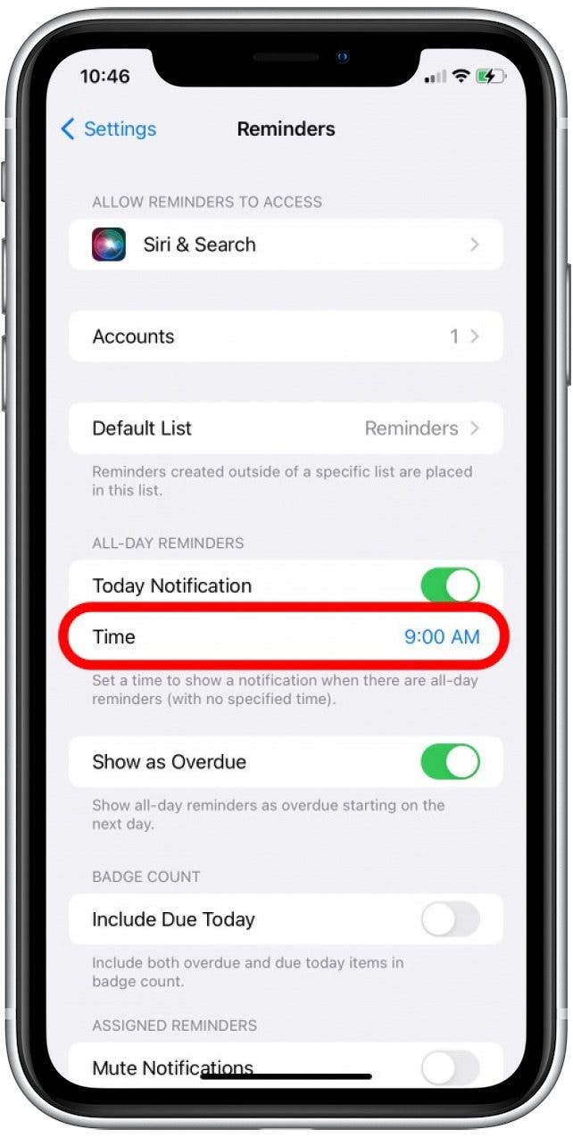 Under the All-Day Reminders header, tap on Time.