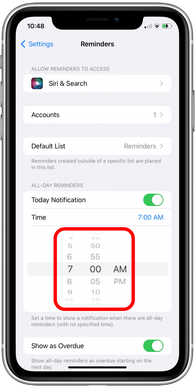 Slide the hour and minute dials to select whatever time you want to receive all-day reminders at.