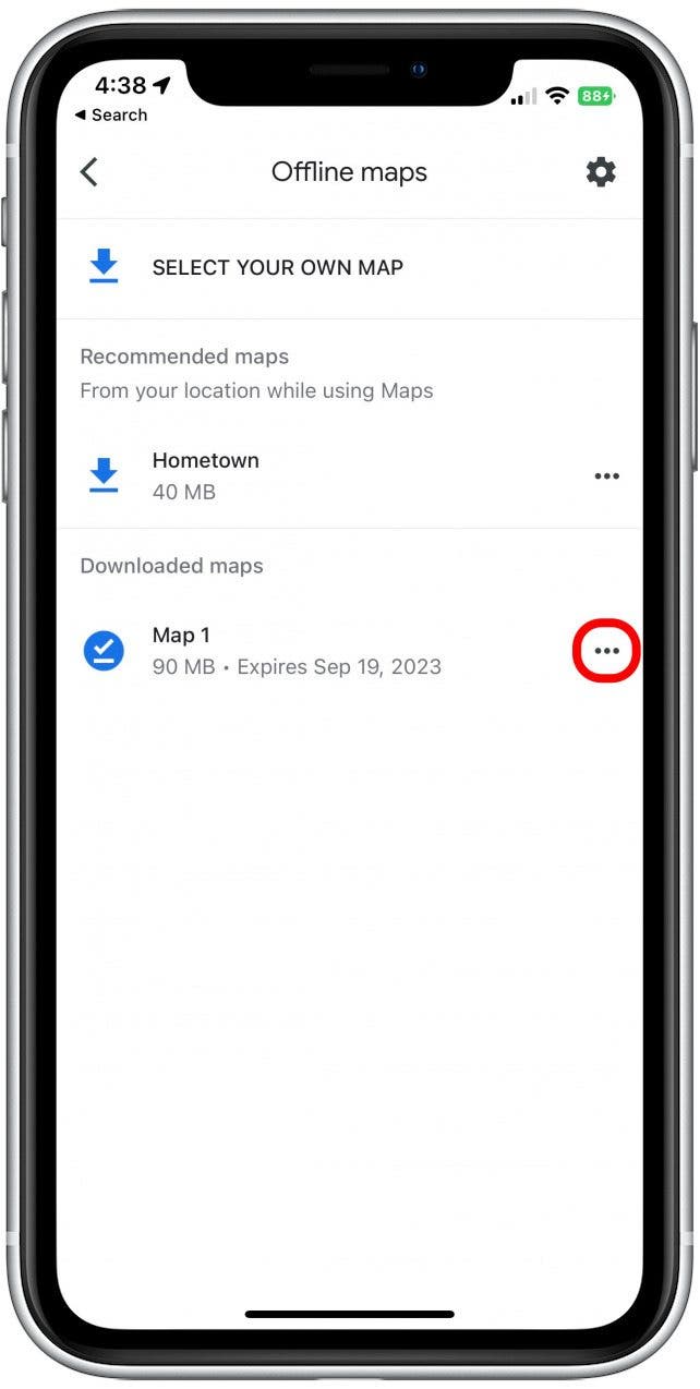 Once your map has finished downloading, you will automatically return to your Offline Maps page. Here, you can edit and update your maps. To do so, tap the three dots on the far right of the map. 