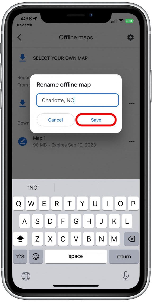 You can also rename your saved maps to keep organized. After you've named the map, tap Save. 