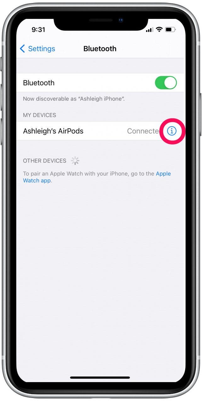 Tap the blue "i" next to your AirPods in the device list.