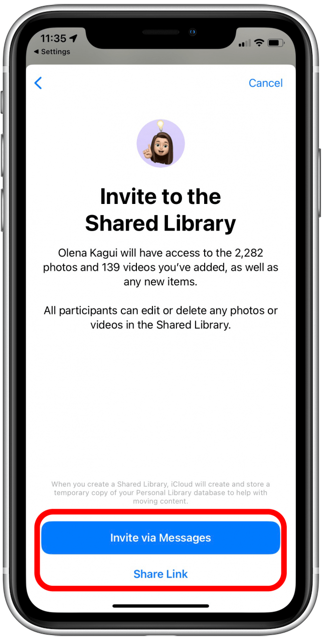 Invite contacts to Shared Photo Library