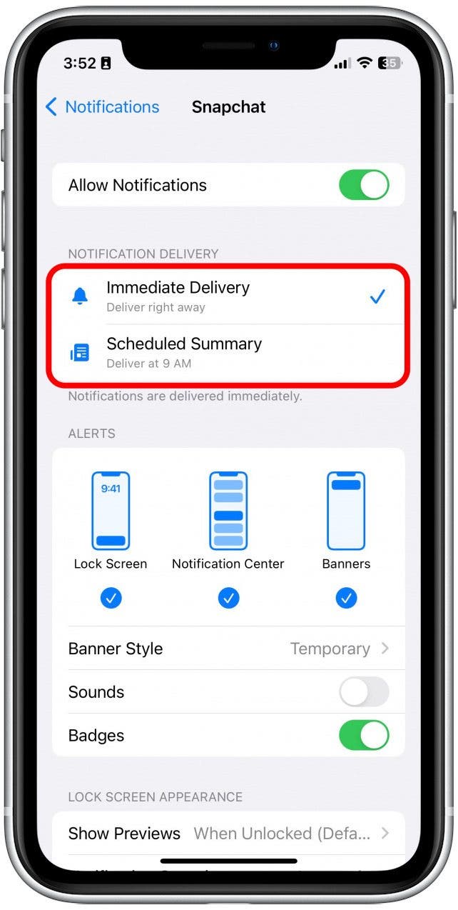 If you have scheduled summary set up, you can choose to have the notification delivered to your iPhone instantaneously by tapping Immediate Delivery, or you can delay the notification to be delivered to you in your scheduled summary by tapping Scheduled Summary.