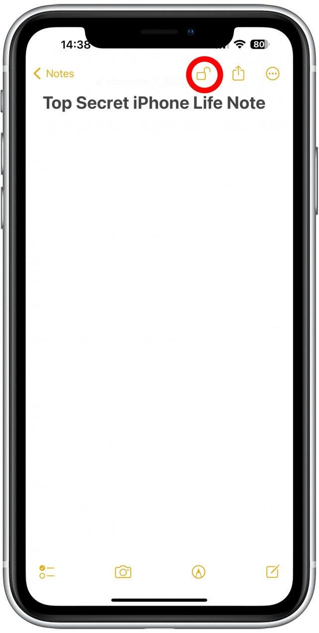 Tap the unlocked Lock icon at the top of the page to lock your note.