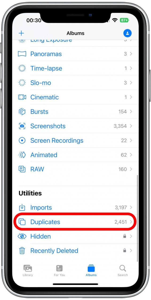 Scroll to the bottom and under Utilities, tap Duplicates.