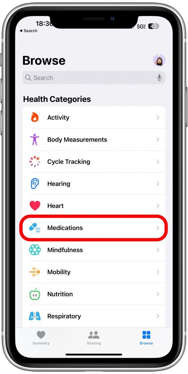 Search for Medications and tap to open it