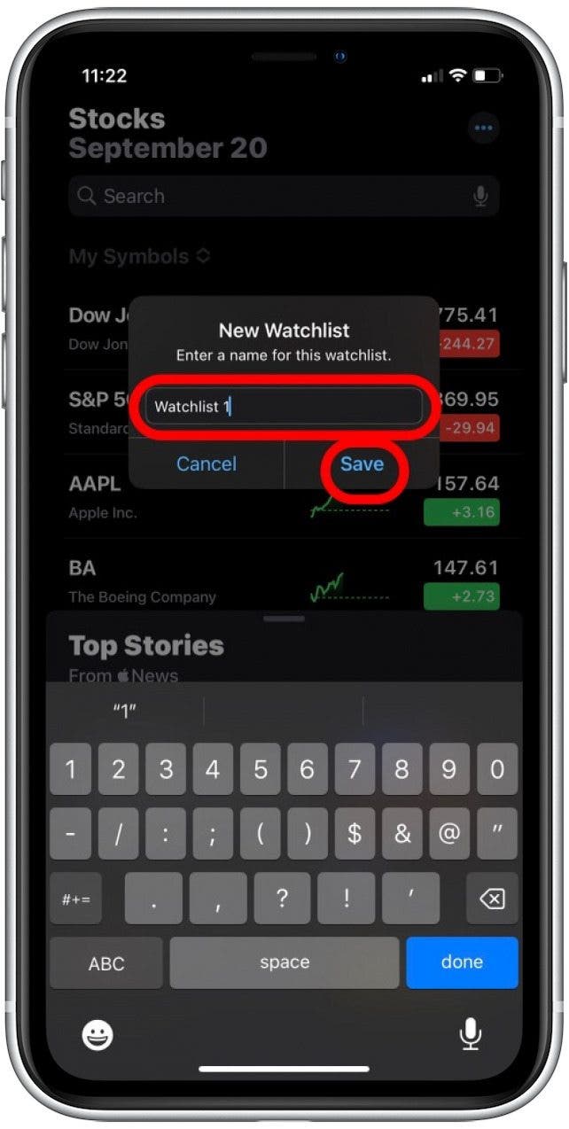 Enter a name for your new watchlist, then tap Save.