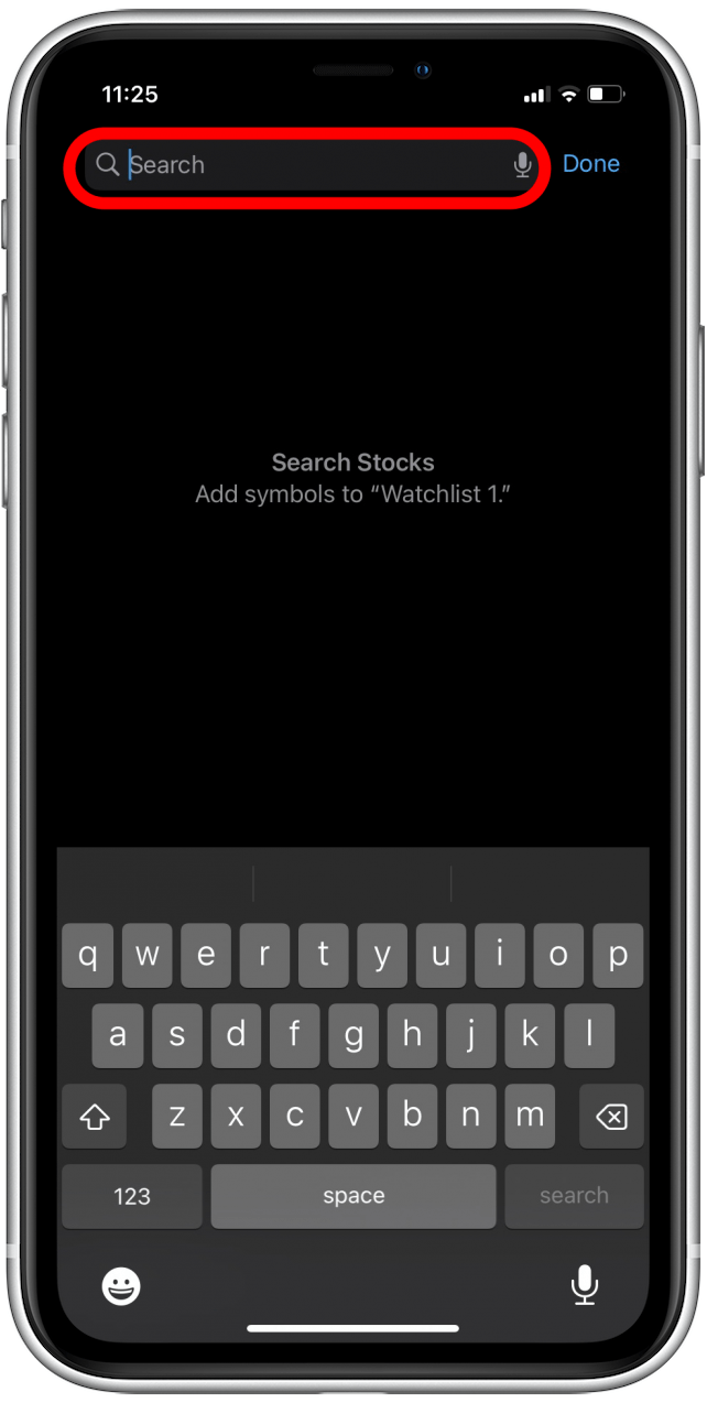 Type in the Search field to search for stocks that you want to add to this watchlist.