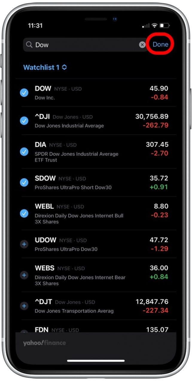 When you’re done selecting stocks, tap Done.