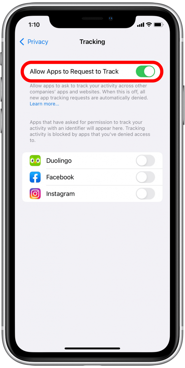 Toggle off Allow Apps to Track