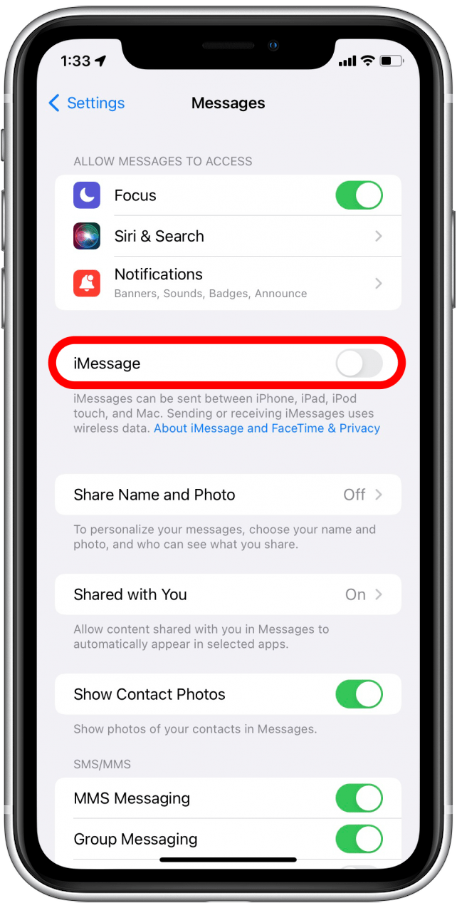 Toggle iMessage off