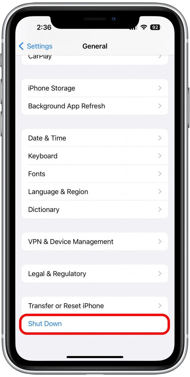 Scroll down to the bottom and tap Shut Down.