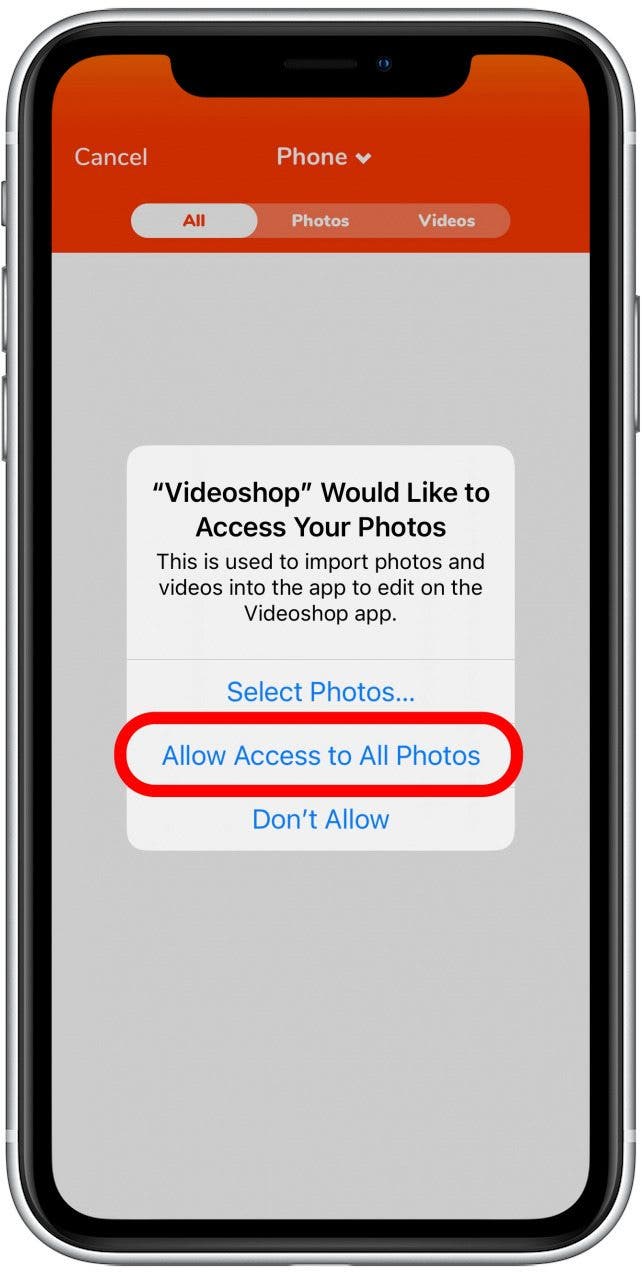 Tap Allow Access to All Photos. You can alternatively give the app access to specific individual photos/videos if you prefer.