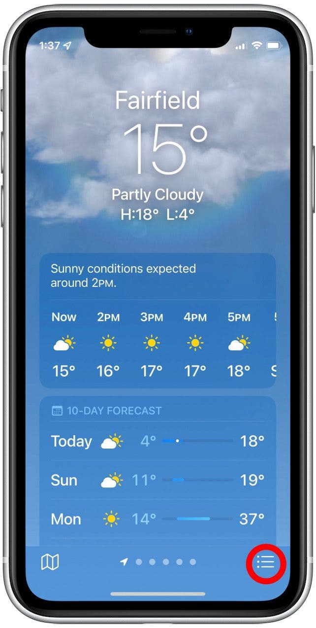 Tap the list icon in the bottom-right corner. This is how to get alerts on iPhone for rain and snow.