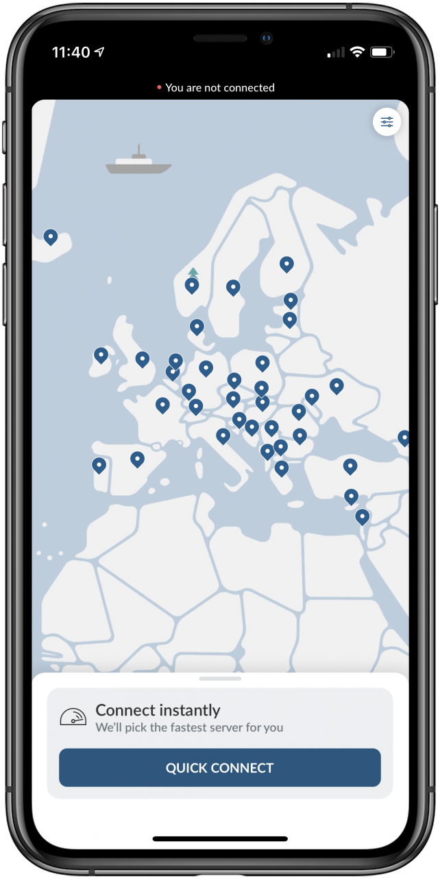 vpn app: NordVPN is a best-in-class VPN app for iOS and iPadOS. This image shows a map of its server locations