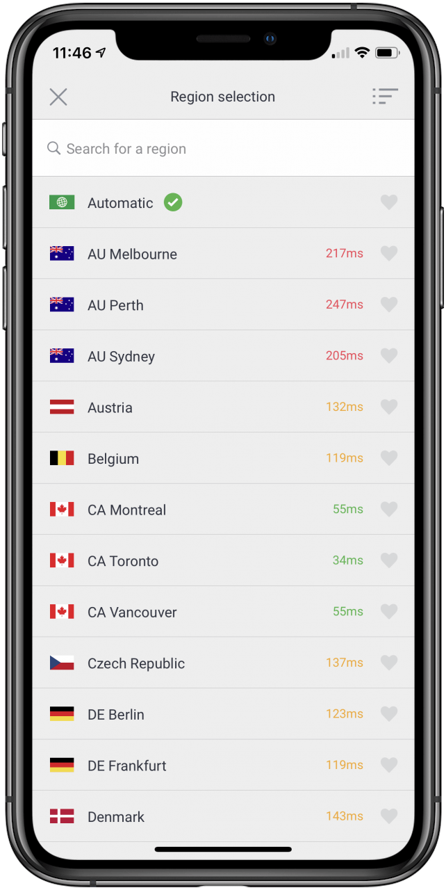 VPN App for iPhone: the server list for the Private Internet Access iOS app.