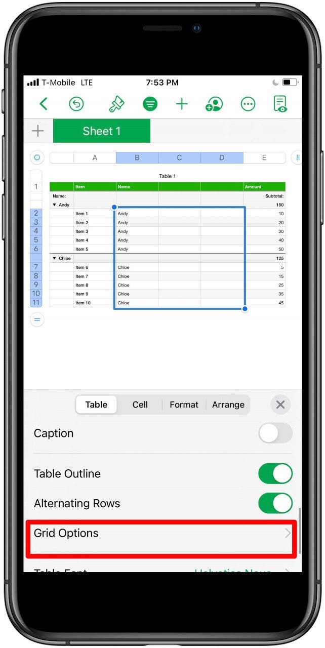 Tap on Grid Options