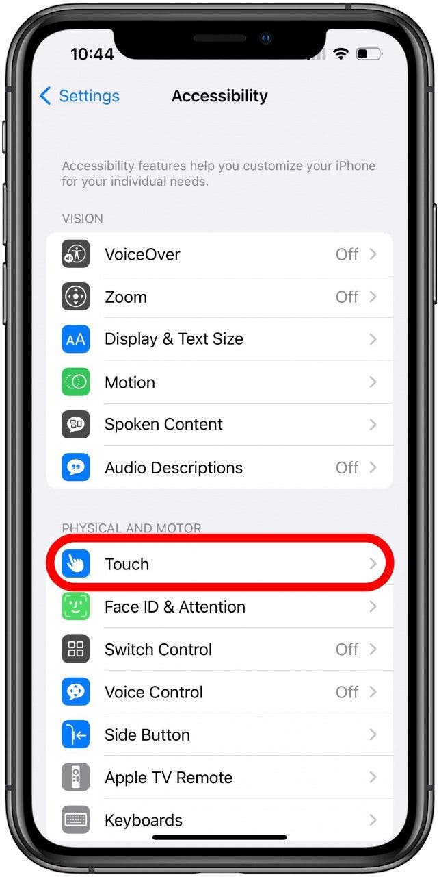 Accessibility settings with Touch option marked