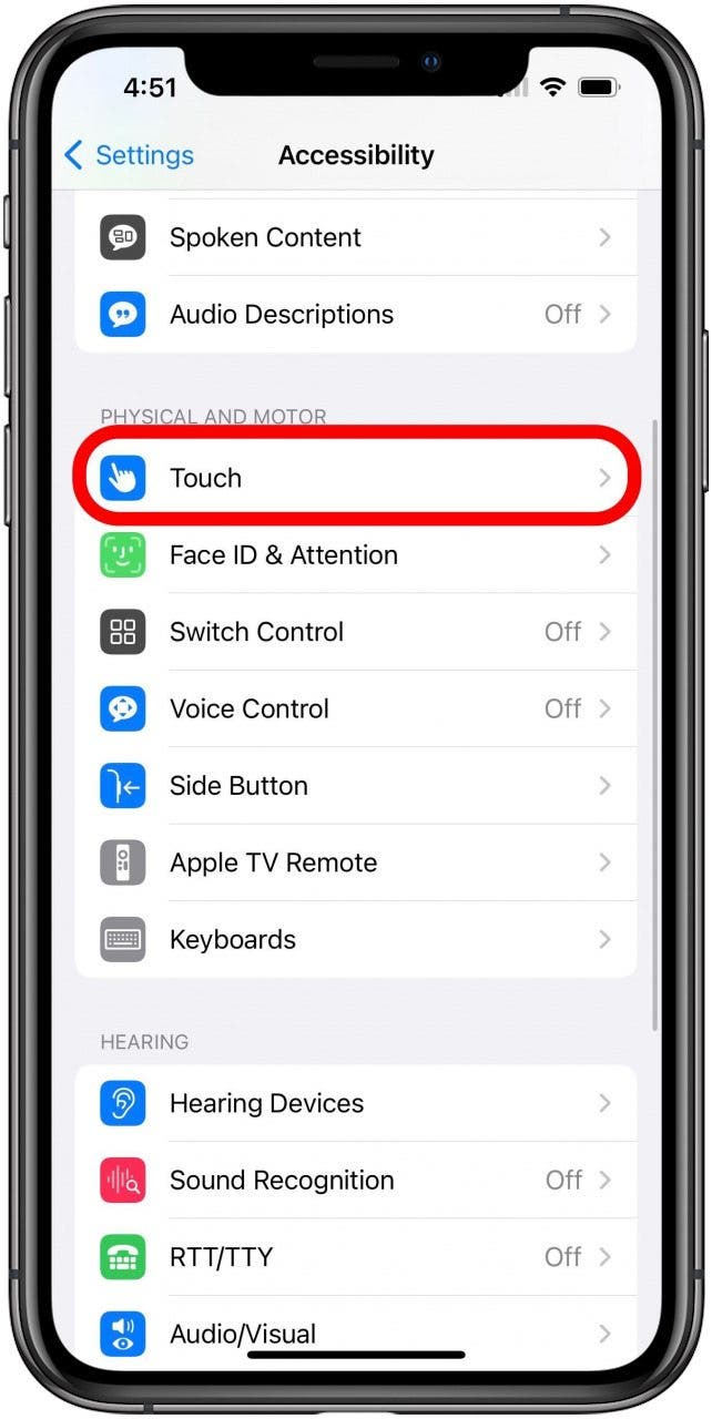 Accessibility settings screen with Touch option marked.