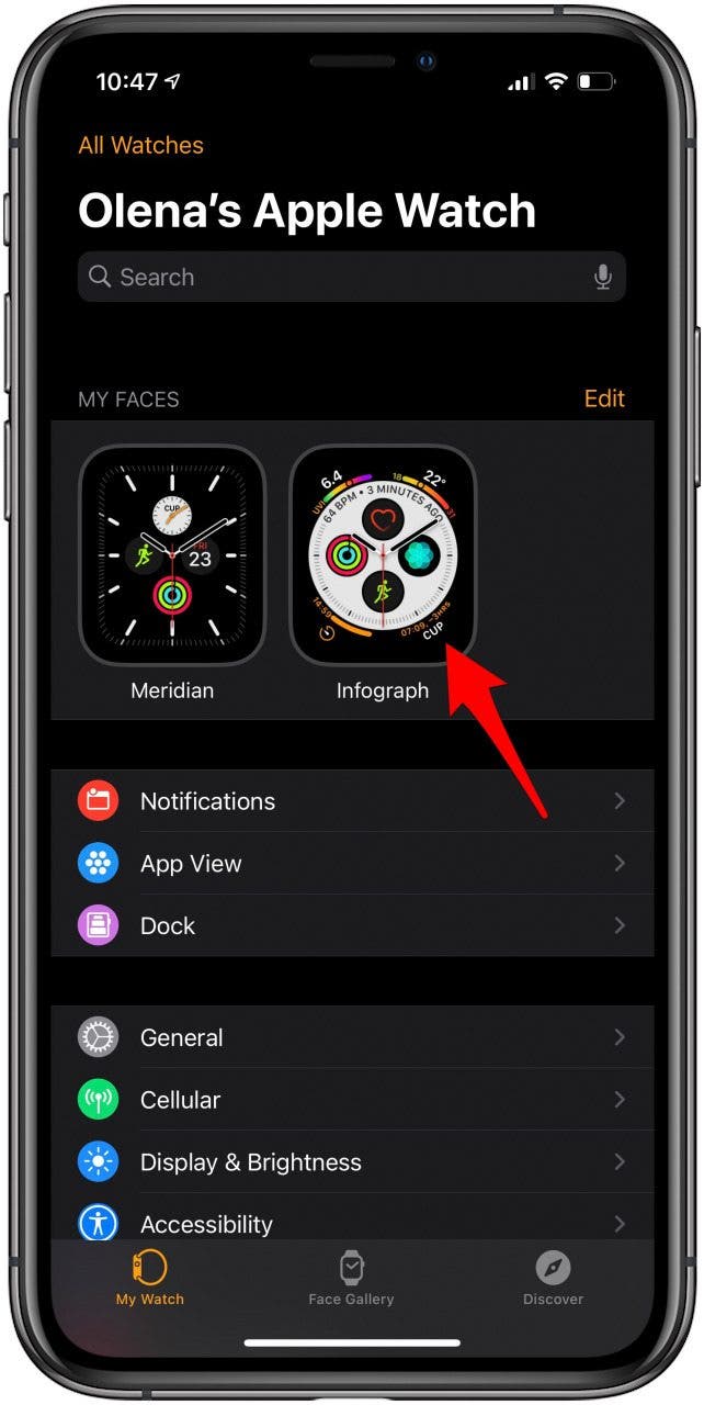 Open the watch face in the Watch app that you want to add the complication to.