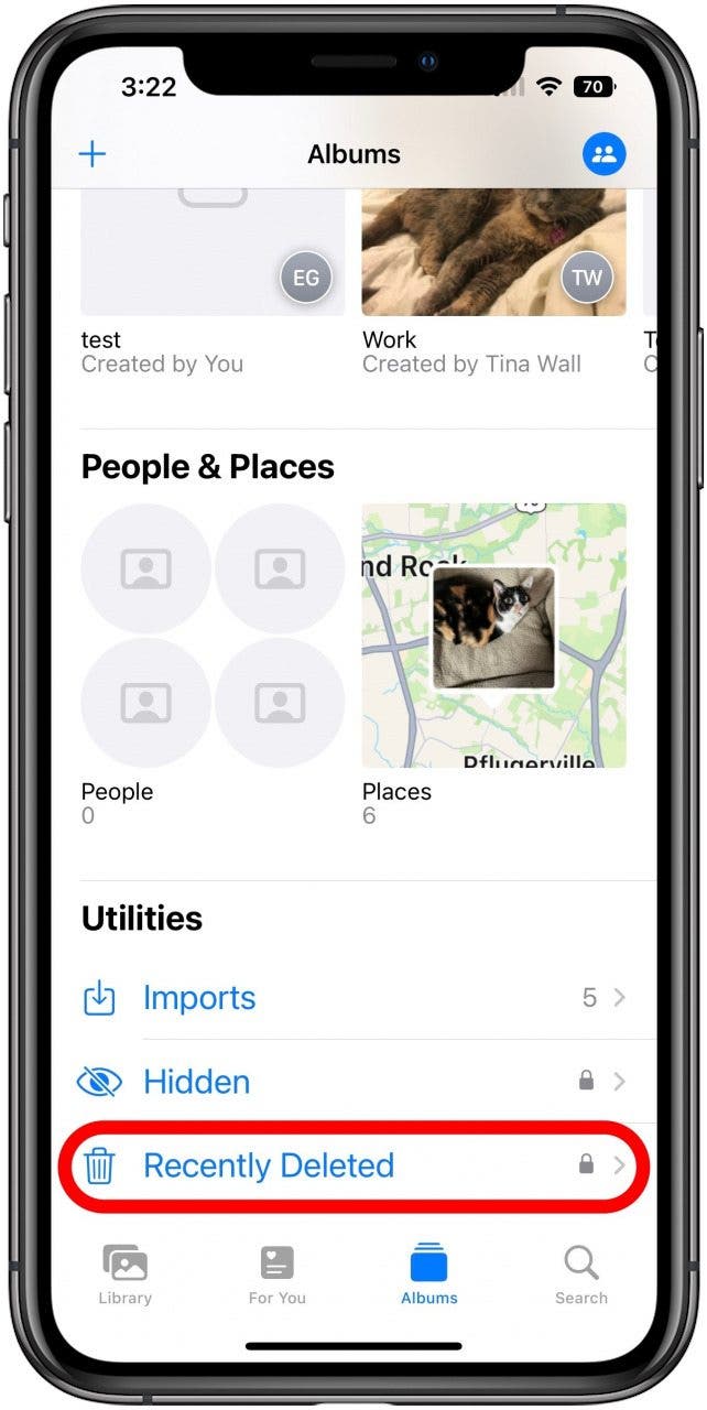 Photos app on the Albums tab at the bottom of the list with Recently Deleted marked.