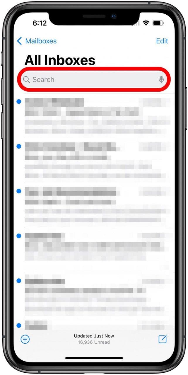 Mail app on All Inboxes screen with search field marked.