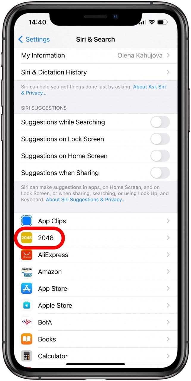 Siri and Search suggestion settings on iPhone