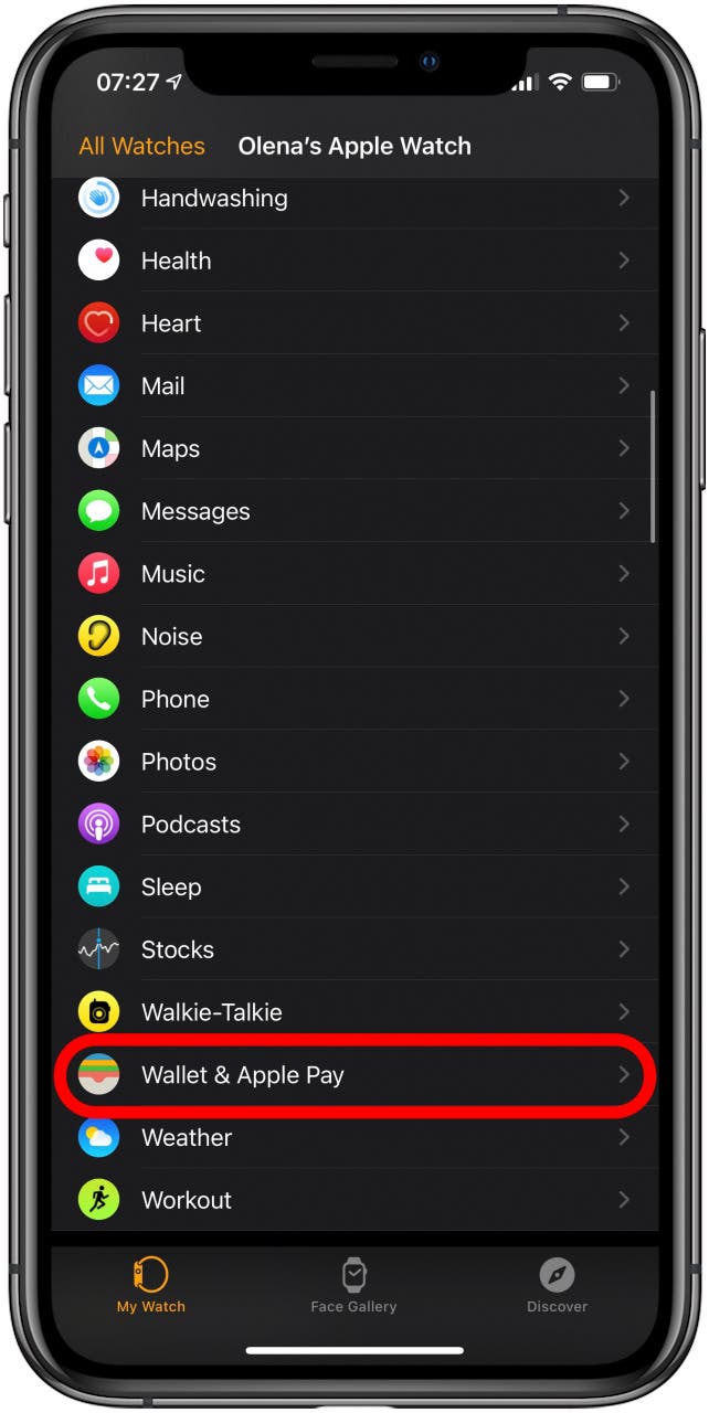 Tap Wallet & Apple Pay under the My Watch tab.