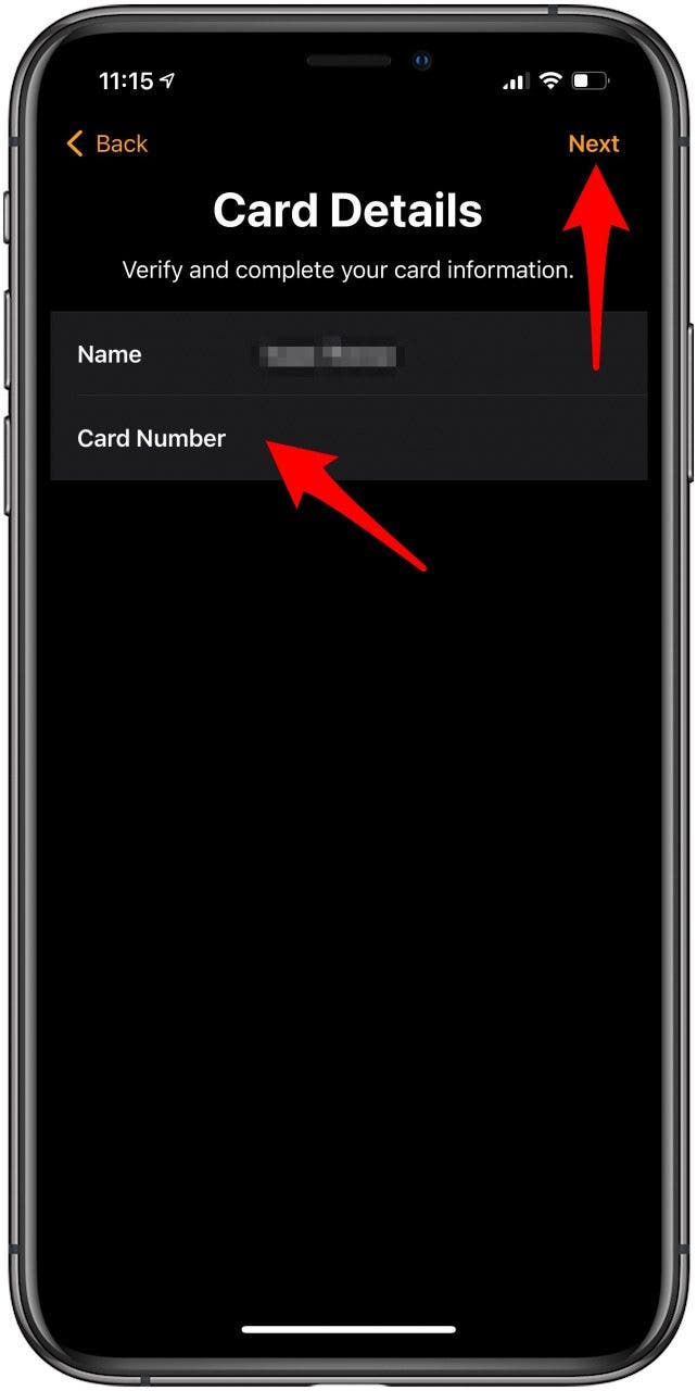 Enter your name and card number, then tap Next.