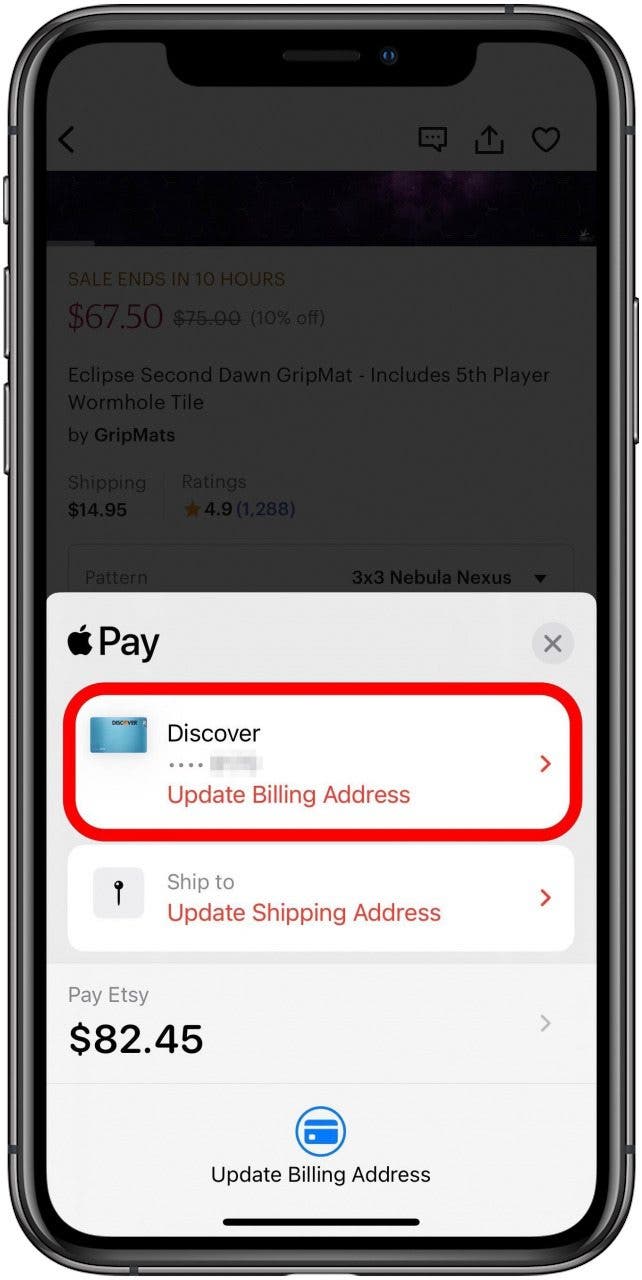 Apple Pay screen in Etsy app with the Discover default payment method marked.