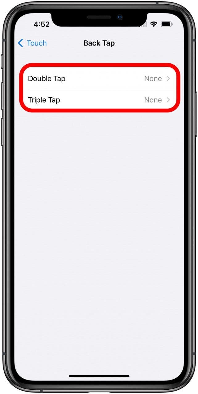 Back Tap settings screen with both Double and Triple Tap options marked together.