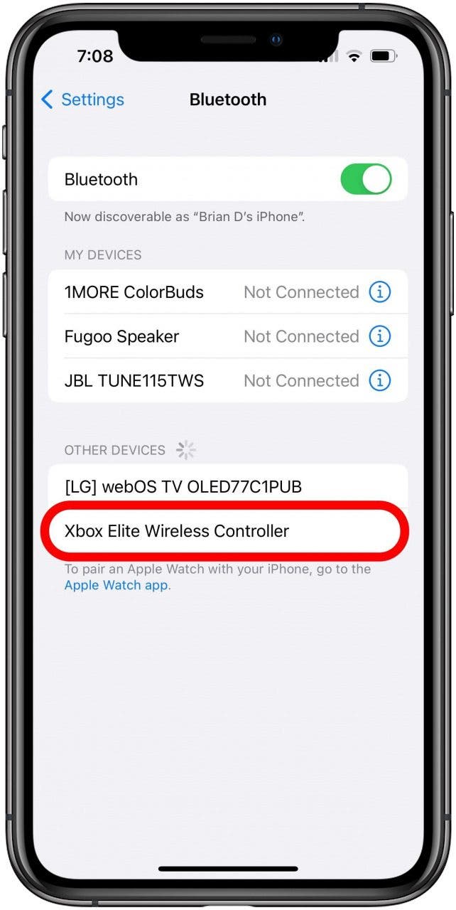 Bluetooth Settings screen with "Xbox Elite Wireless Controller" marked under Other Devices.