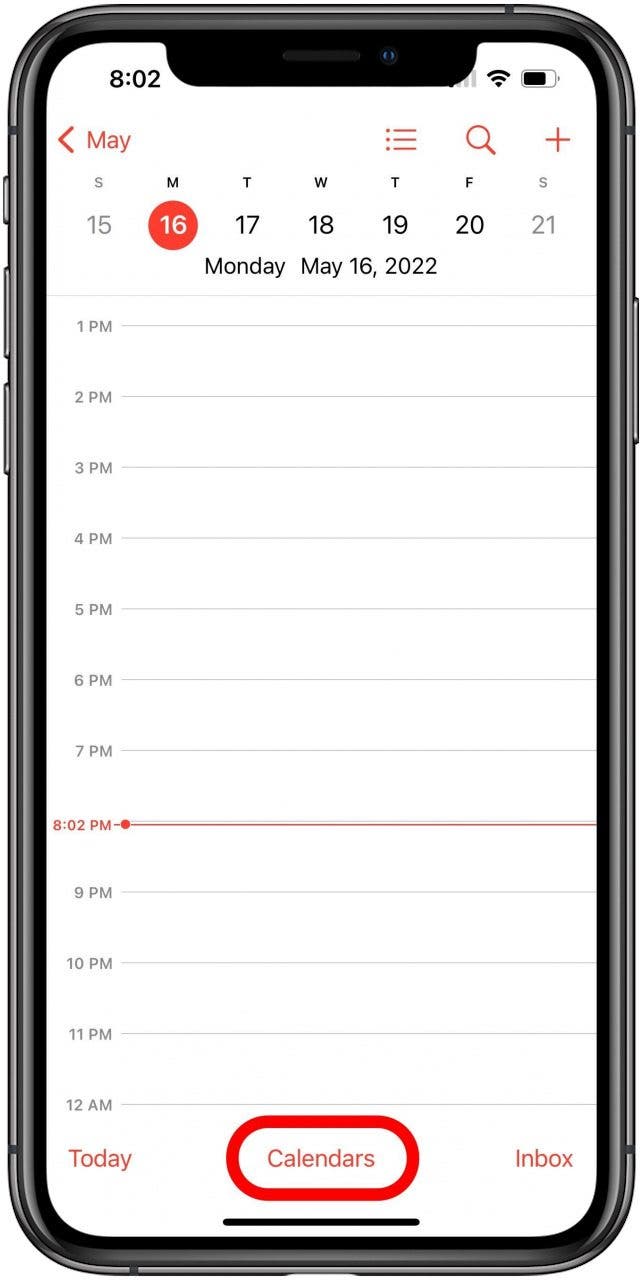 Calendar screen with the Calendars button at the bottom marked.