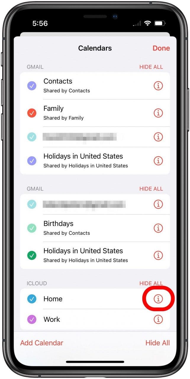 Calendars screen with the "i" button next to the Home calendar marked.