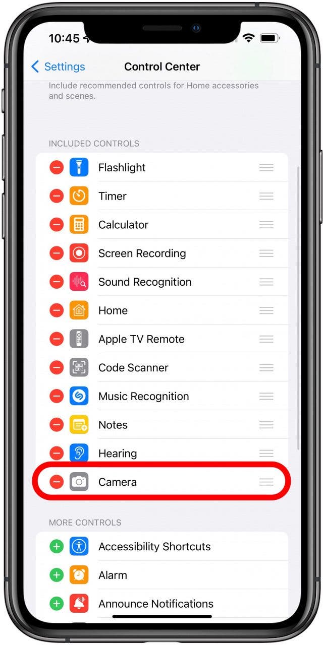 remove or add controls in iphone control center