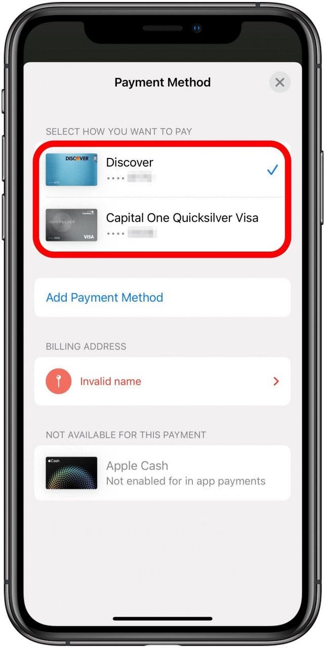 Payment Method screen in Etsy app with both payment methods marked.