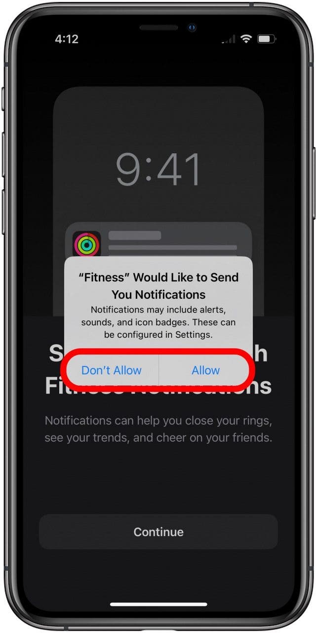 Fitness app with the notification request window appearing and both the Don't Allow and Allow buttons marked.