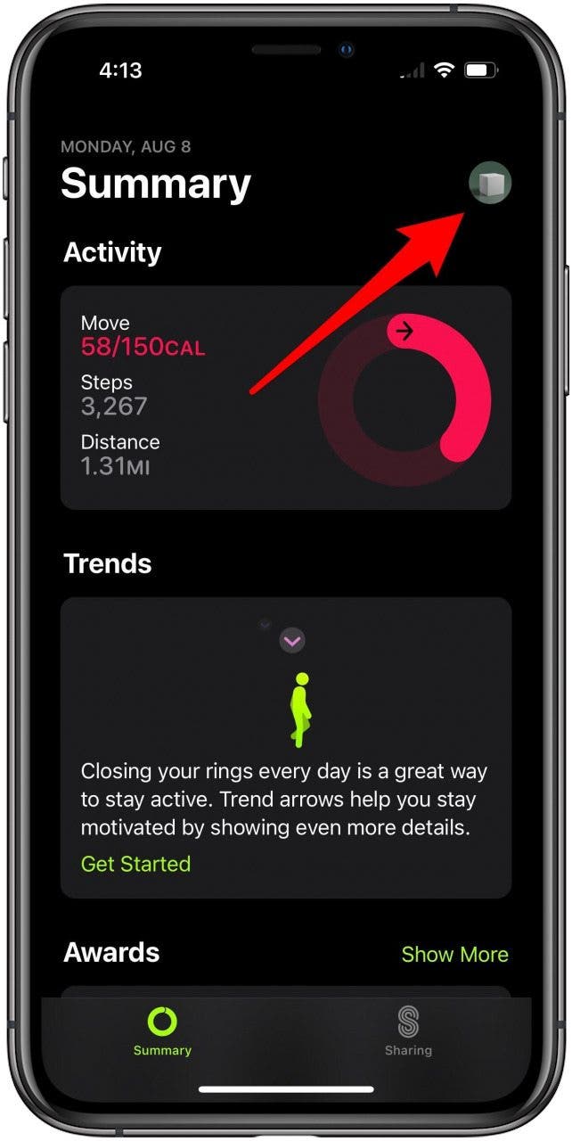 Fitness main summary screen with the account icon marked.