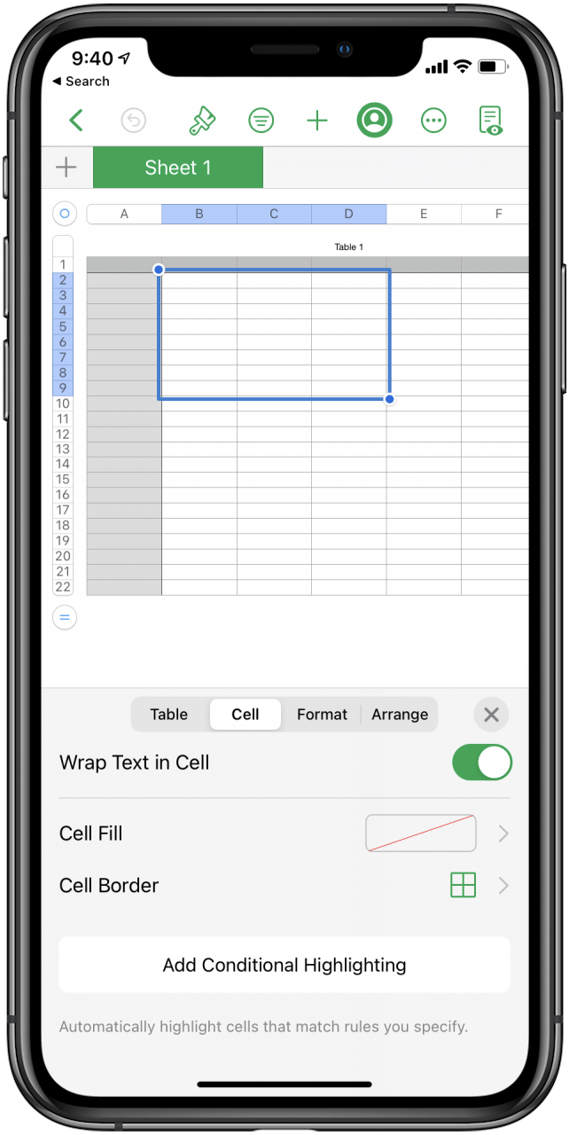 The Cell tab will also allow you to format cell borders, text alignment, and text fill