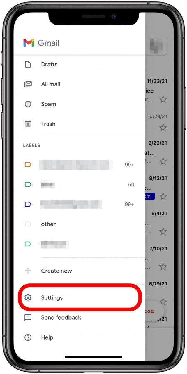 Gmail hamburger menu with Settings option marked