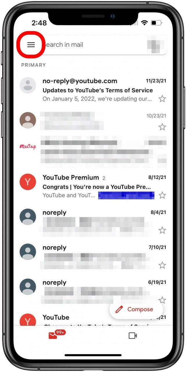 Gmail inbox screen with hamburger menu button marked