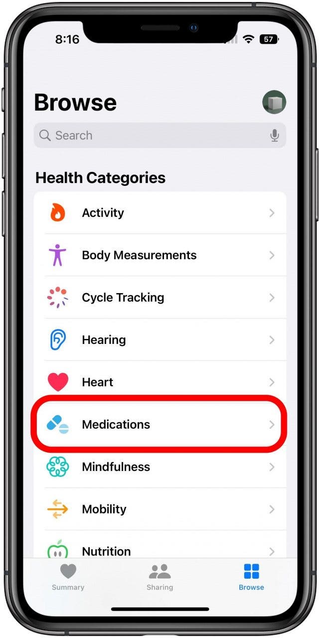 Health app on the Browse tab with the Medications option marked.