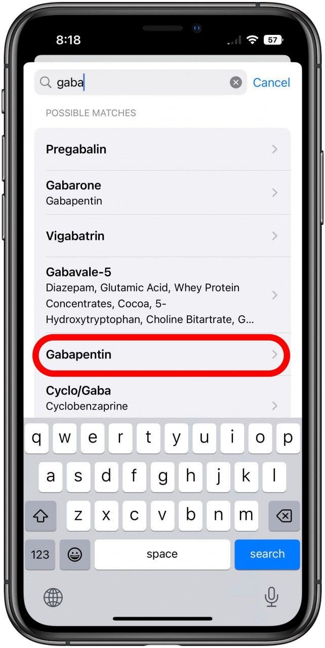 Health app on the screen to search for a new medication to add. A partial search term has been entered and an entry on the suggestions list is marked.