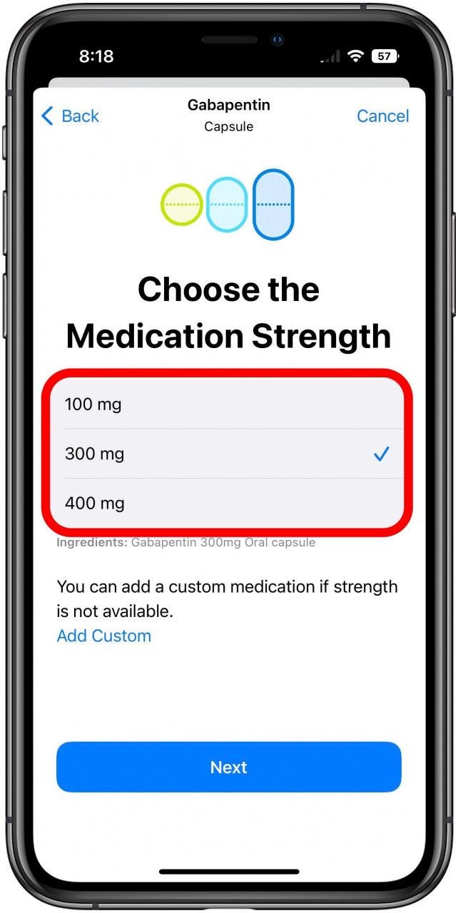 Health app on the new medication screen with the box to select strength marked.