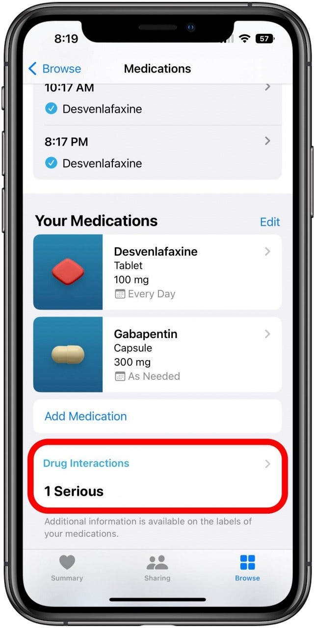 Health app on the Medications screen with the box showing there is an interaction warning marked.